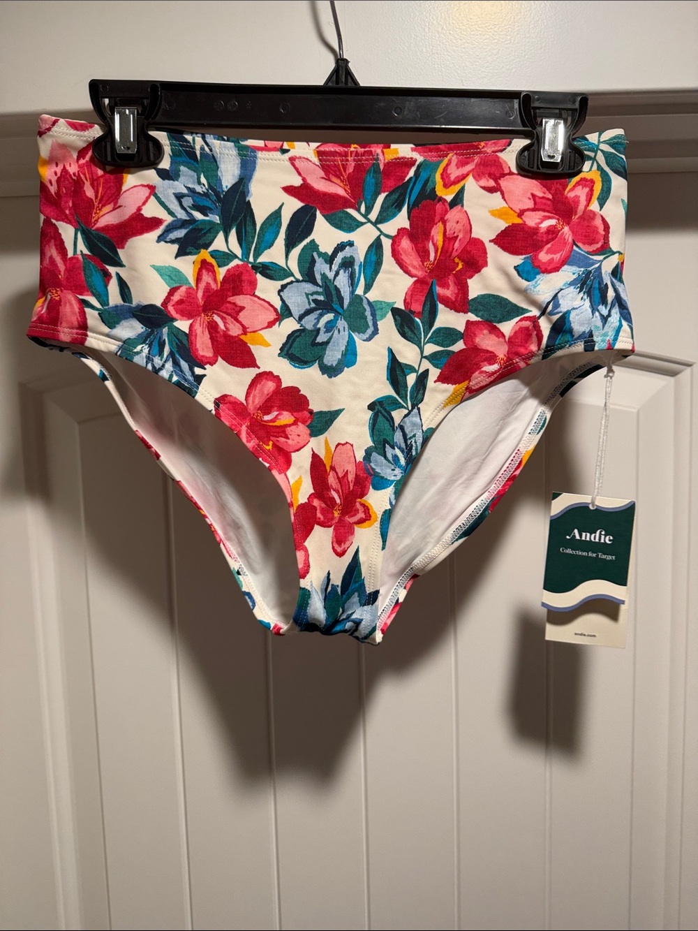 Andie High-Waist Floral Bikini Bottoms - White with Pink, Blue & Green Flowers